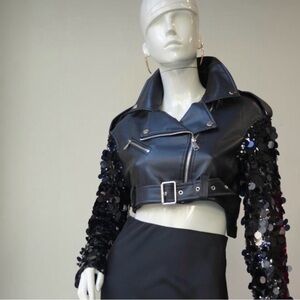 Faux Black Leather Jacket with Sequin Sleeves